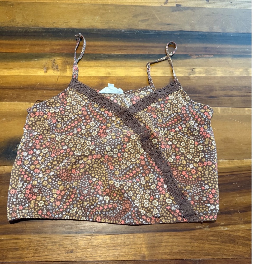 Pink Rose Floral Cami Top Brown Cottage Boho Faux Wrap Lace TrimSmall